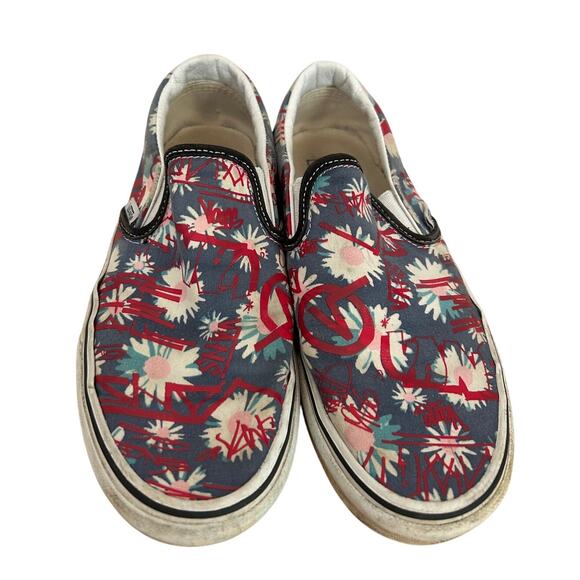 VANS Classic Slip-on Crew Graffiti Floral Red Blue Canvas Shoes Women's Size 7.5 - Picture 1 of 7